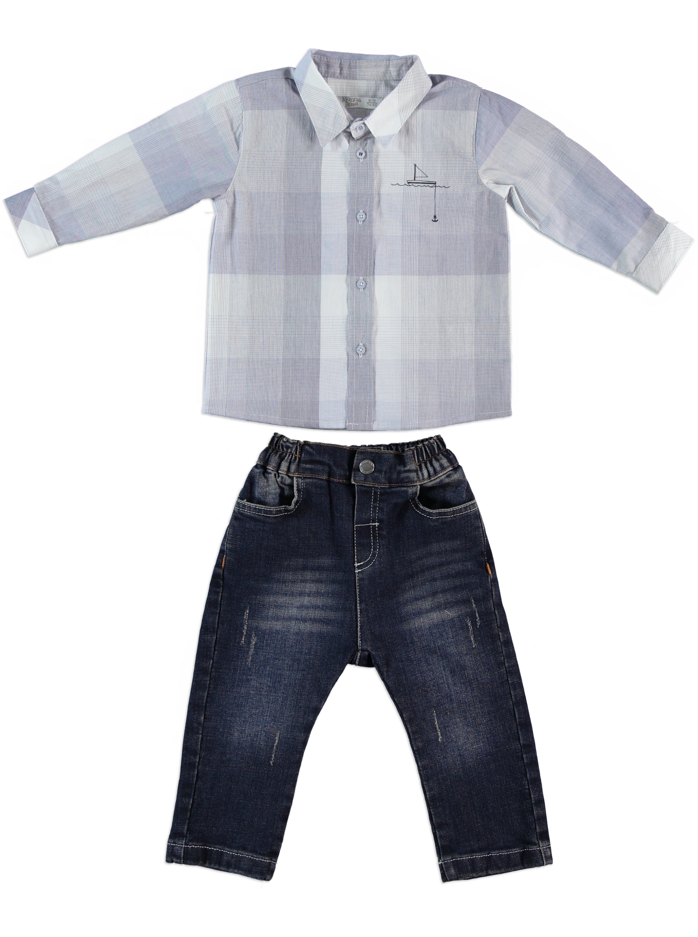 Patterned Gray & White Shirt With Denim Pants Toddler Set