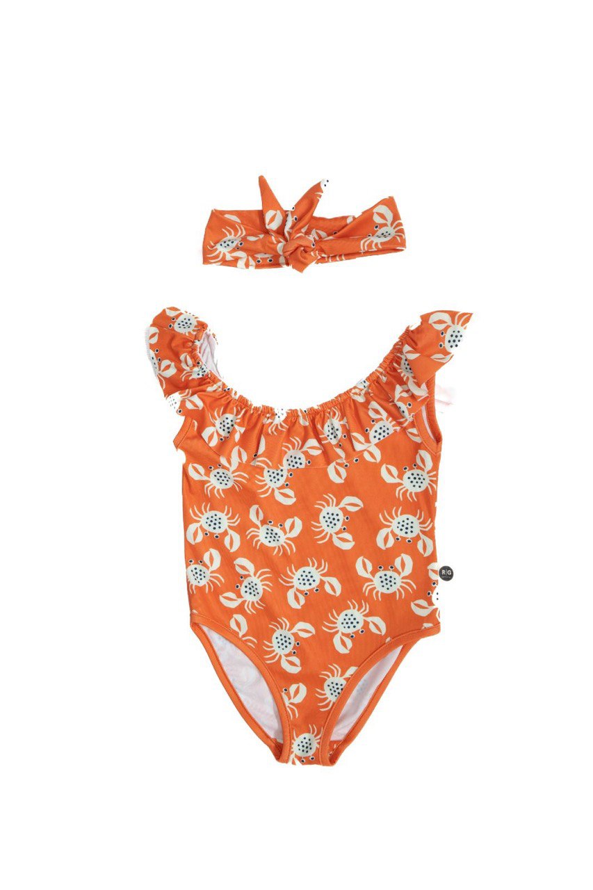 Crab Print One Piece Swimsuit With Bandana