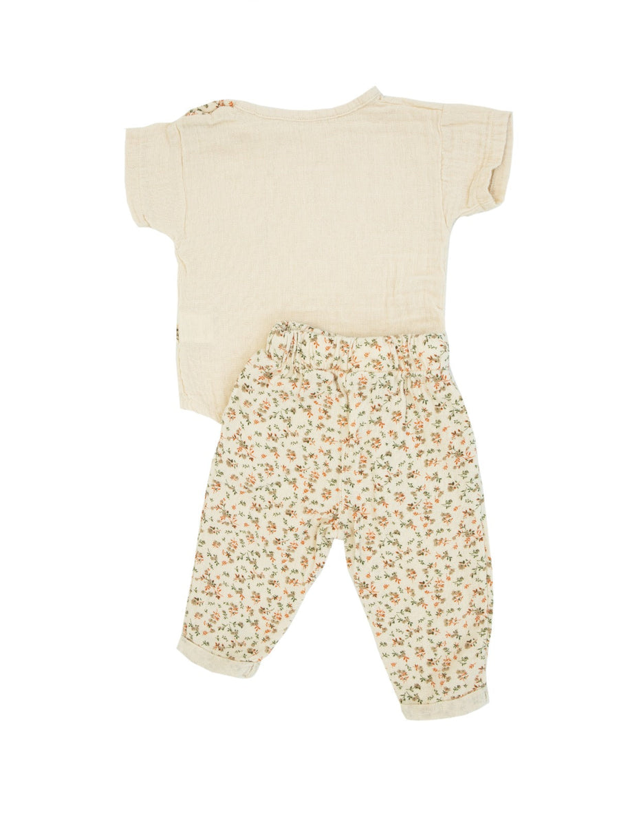 Beige Floral Linen Casual Set With Headband