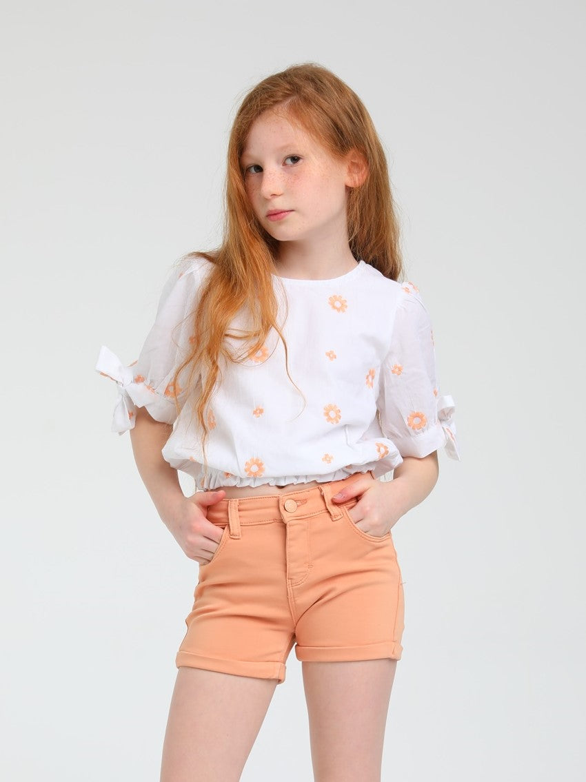 Salmon Embroidered Shirt With Tiny Matching Short