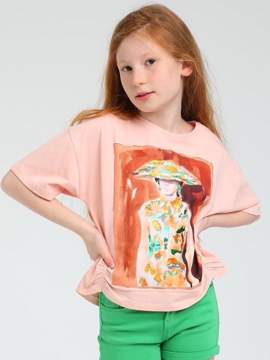 Pink Oversized Cotton Top with Artistic Prints